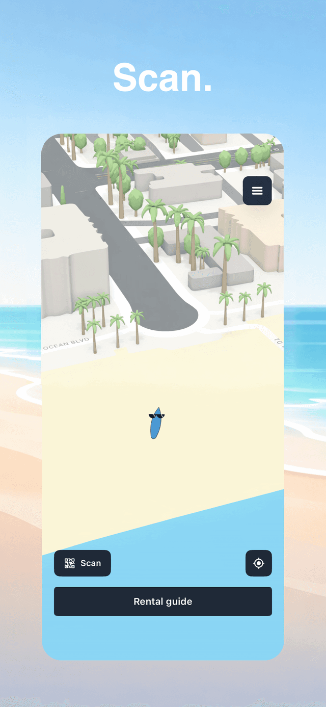 SurfUp app showing the QR code scan screen to unlock a surfboard