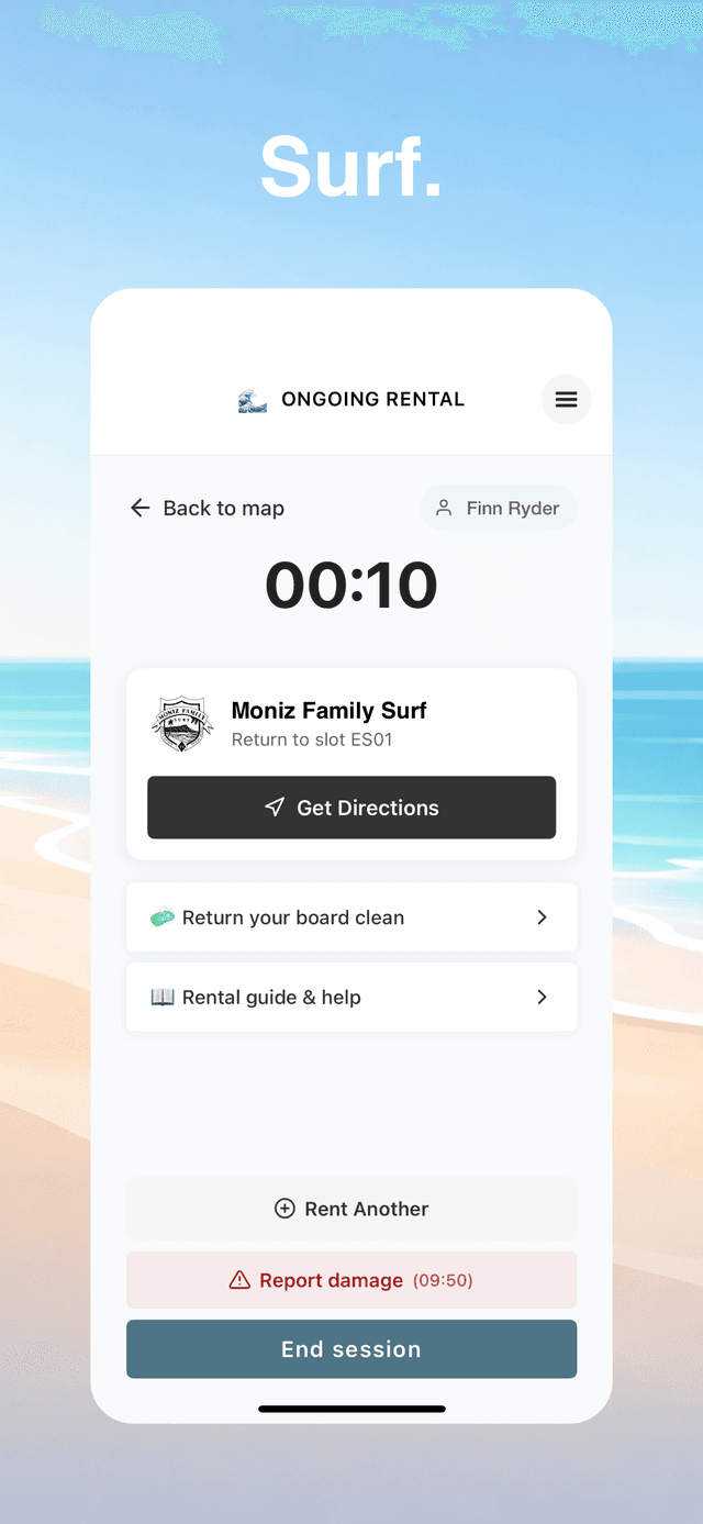 SurfUp app showing an active surfboard rental in progress